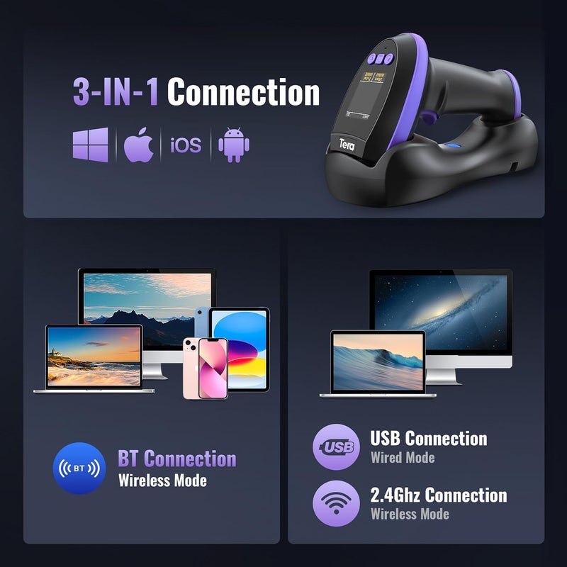 Tera Barcode Scanner Wireless with Screen: Pro Version 1D 2D QR with Setting Keypad Charging Cradle Works with Bluetooth 2.4G Wireless USB Wired Handheld Bar Code Reader HW0009 Purple - Image 5